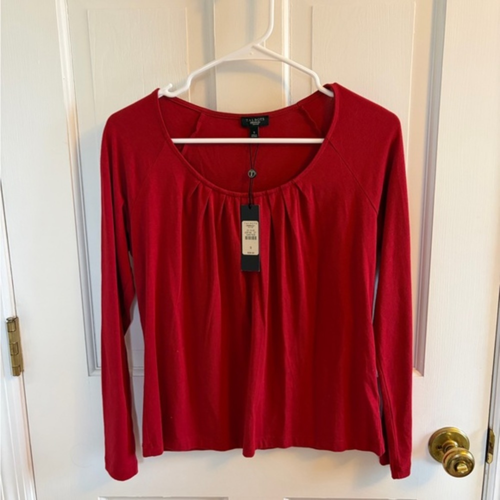 Talbots Red Long Sleeve Scoop-Neck Tee with Gathered Front